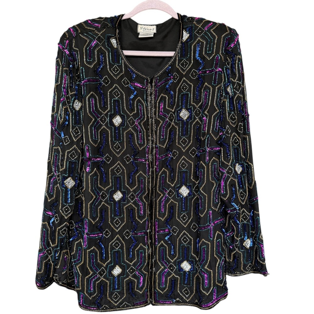 Stenay Jacket Womens 2X Black Beaded Sequin Silk Zip Retro Party Evening